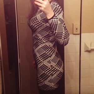 Black and white patterned body con dress.